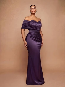 Vowa Plus Size Elegant Romantic Luxury Brown One-Shoulder Cloud Print Ruched Waist Fitted Bodycon Mermaid Hem With Train Evening Gown For Wedding Party Celebration Formal Event Heavy Embellished - Brown - View 4