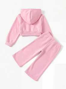 SHEIN 女嬰可愛灰色針織連帽外套與鬆緊腰長褲套裝 - 粉色 - 查看 2