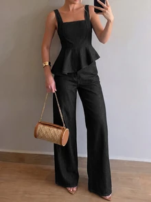 Firerie Women's Asymmetric Hem Vest & Long Pants Denim Set - Black - View 1