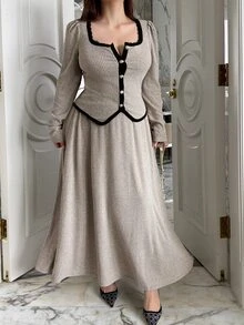 Dazy Plus Autumn New Elegant Square Neck Waist-Cinching Top And Long Flared Skirt 2 Pieces Set - Grey - View 6