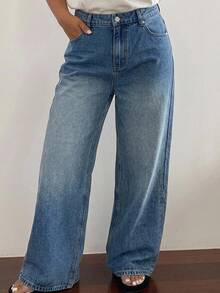 Dazy Plus Vintage Washed Grey Denim Long Straight Leg Jeans, Versatile All-Season Style - Dark Wash - View 1