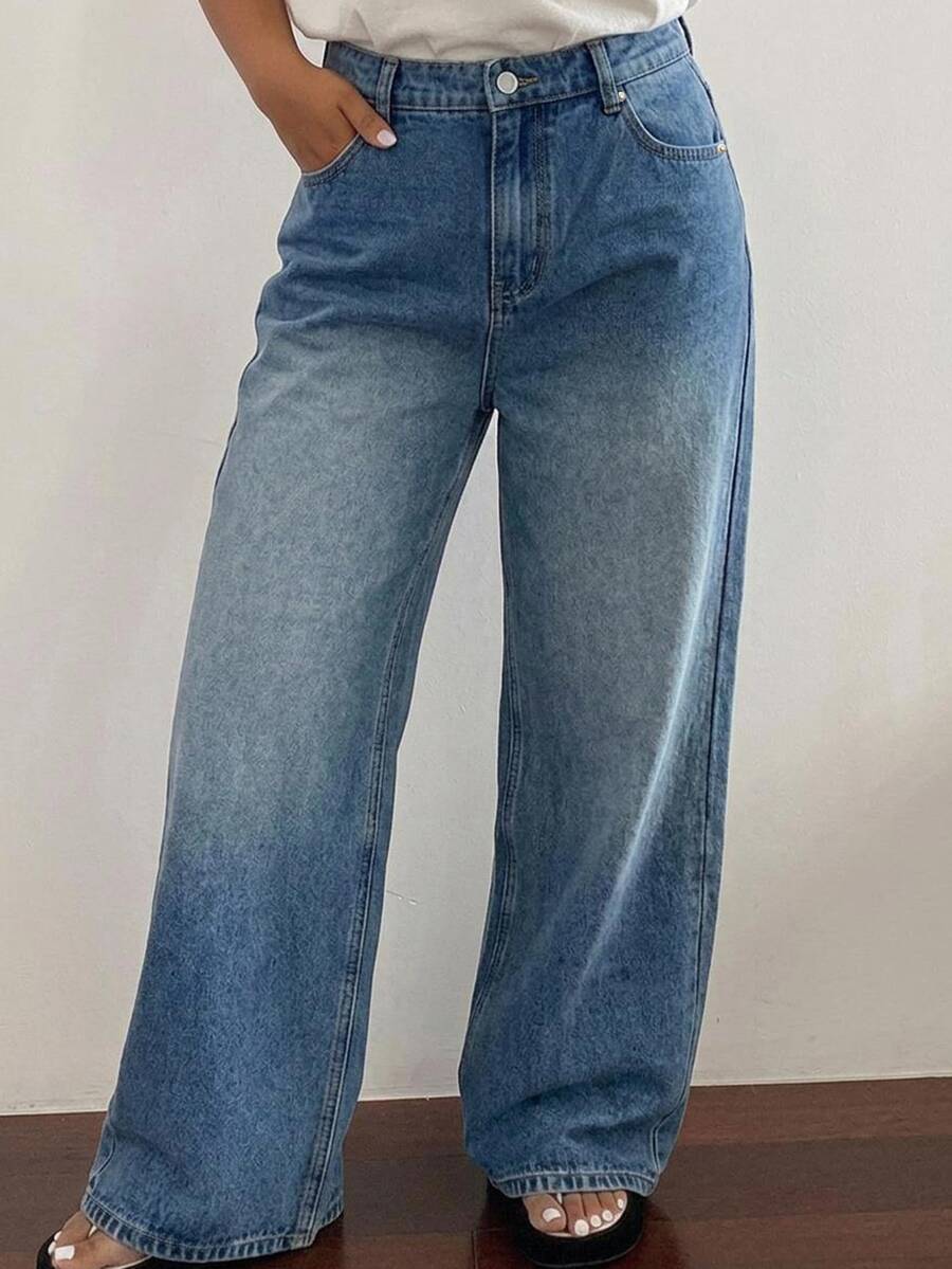 Dazy Plus Vintage Washed Grey Denim Long Straight Leg Jeans, Versatile All-Season Style - Dark Wash - View 1