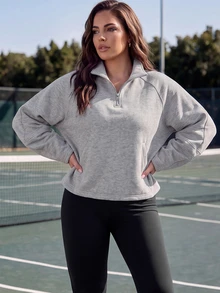 EMERY ROSE Sweatshirt Wanita Ukuran Besar Warna Polos Lengan Panjang Raglan Setengah Resleting untuk Bisnis Kasual Smart Casual Tradisional Western untuk Olahraga Tenis Pink Hitam Musim Semi - Grey - View 7