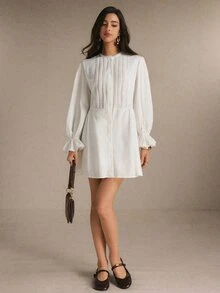 Poéselle Women's Solid Color Round Neck Ruffle Cuff Single-Breasted Casual Mini Dress - White - View 2