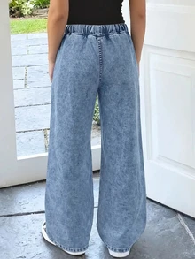 SHEIN Tween Girl Blue Loose Straight Leg Denim Jeans - Blue - View 5