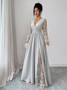 Elenzga 女款優雅春夏深V領蕾絲拼接長袖高開衩洋裝，適合畢業季、度假、情人節、音樂節、母親節、感恩節、復活節、國慶日、舞會、約會派對、婚禮季、外出等場合 - 灰色 - 查看 3