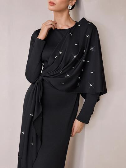 Graceveil Elegant Black Stand Collar Long Sleeve Cape-Style Side Studded Twist Tie Waist Slim Fit Party Arabian Dress