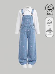 SHEIN 女童藍色牛仔寬鬆吊帶褲，愛心刺繡圖案 - 藍色 - 查看 3