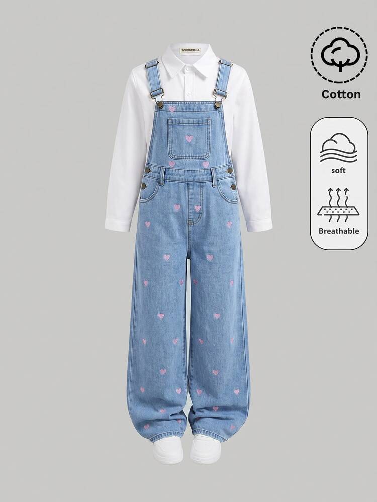 SHEIN Girls' Blue Denim Loose Overalls With Heart Embroidery Pattern - Blue - View 3