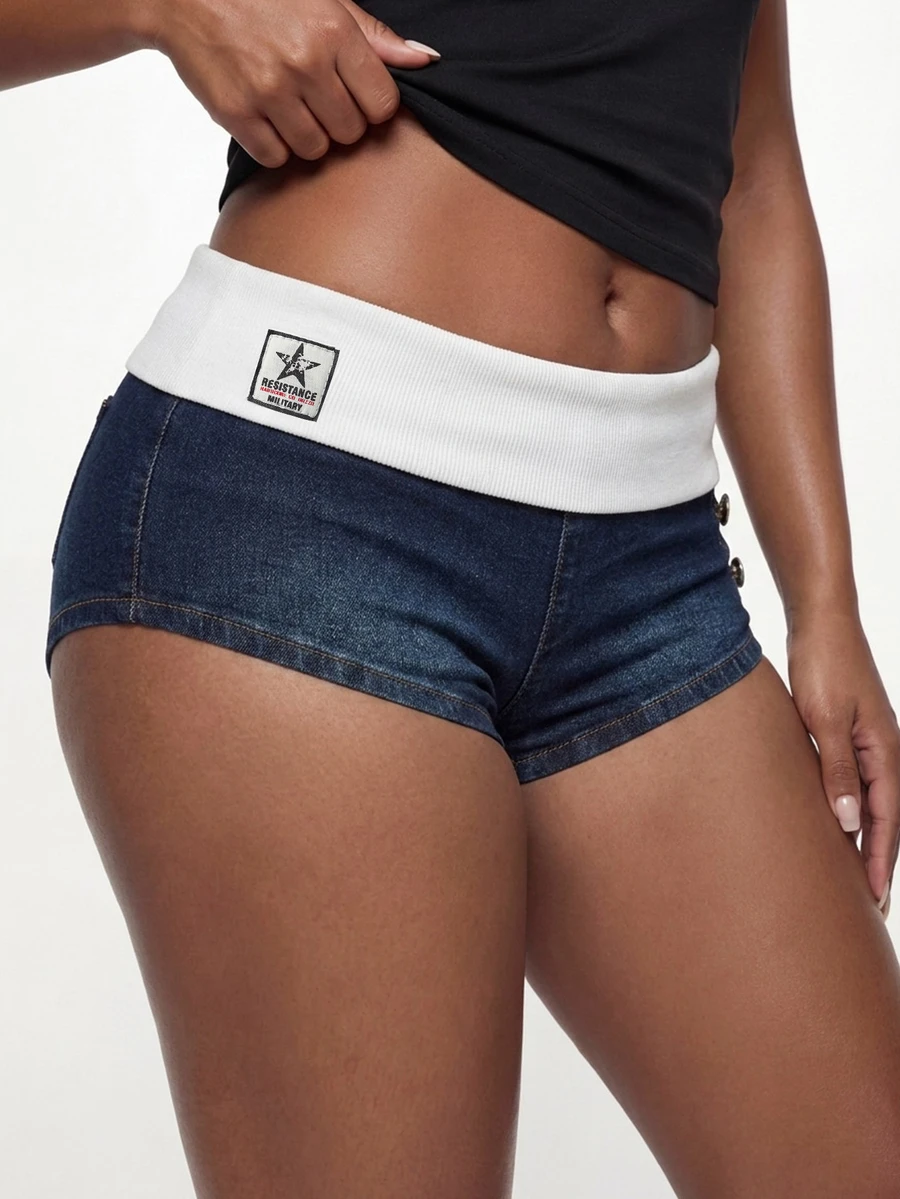 ROMWE Street Life Music Festival Folded Waist Contrast Color Plus Size Denim Shorts - Blue - View 1