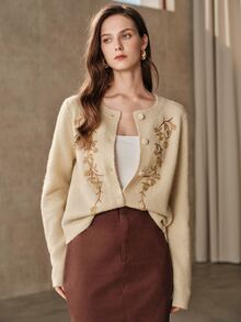 Anewsta Women's Elegant Winter Beaded Embroidery Decorated Knit Cardigan - Camel - View 6