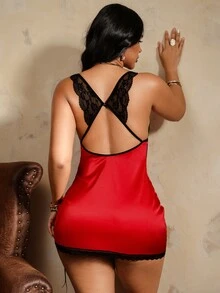 Bare Chapter Sexy Contrast Color Lace Satin Slip Dress 2pcs Set, With Drawstring Detail & Backless Design Loungewear Dress - Multicolor - View 3