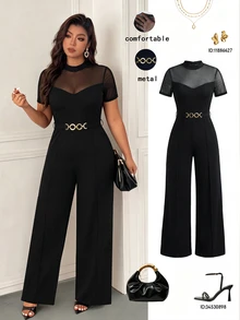 Femmeverse Plus Size Women's Fashion Elegant Round Neck Mesh Patchwork Short Sleeve, Waist Metal Buckle Decor Straight Leg Solid Color Jumpsuit, Suitable For Spring And Summer - Black - View 7
