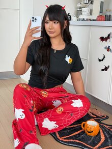 ZzzCrew BPJS5 Plus Size Pajama Set Milk Silk 140~160g Digital Print: One-Way, Positioned Cut - Black - View 1