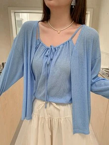 Dazy Plus Korean Style Solid Color Camisole Cardigan Casual Spring/Autumn New Blue 2 Pieces Set - Blue - View 4