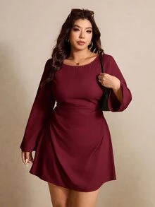 Elaquor 大尺碼女款優雅純色喇叭袖收腰洋裝，秋季 - 紅色 - 查看 5