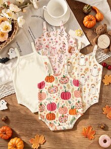 Souflis Souflis 4pcs Baby Girl Casual Cute Halloween Pumpkin Cartoon Ghost Butterfly & Letter Print Spaghetti Strap Rompers - Multicolor - View 2