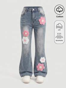 SHEIN Girlism 女童可愛花卉毛巾刺繡圖案復古藍色丹寧彈性緊身喇叭牛仔褲 - 中等水洗藍 - 查看 3