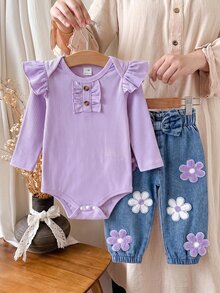 SHEIN Vintaside Kids 2件組紫色女嬰甜美花朵蝴蝶結紙袋腰傘狀袖連身衣褲套裝 秋季 - 紫色 - 查看 5