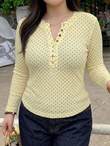 Dazy Plus 奶油黃彩虹彩色鈕扣裝飾修身長袖春夏秋新款性感T恤 - 鵝黃色 - 查看 3