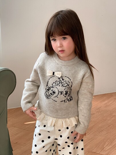 DAZY Baby Girls Round Neck Cartoon Long Sleeve Ruffle Trim Sweater