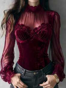 SHEIN LUNE 女款時尚酒紅色天鵝絨束腰上衣，透視袖口配蕾絲飾邊，萬聖節晚餐外出性感哥德風 - 酒紅色 - 查看 1