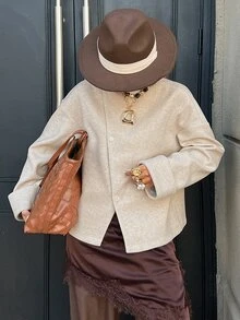 DAZY Women's Autumn/Winter Round Neck Long Sleeve Asymmetric Front Loose Solid Color Minimalist Casual Commuter Jacket Cardigan Overcoat - Khaki - View 6