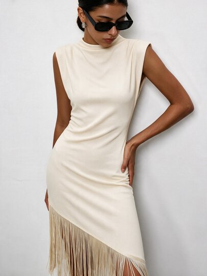Maija Women's High Neck Wide Shoulder Asymmetrical Hemline Fringe Mid-Length Dress, Vintage Minimalist Old Money Teacher Style, Summer Party Brunch Top
