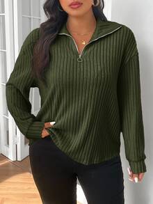 SHEIN Frenchy Plus Size Women Solid Color Casual Versatile Daily Wear Long Sleeve T-Shirt - Green - View 1