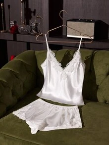 SilkySpell White Heavy Lace Sexy Camisole & Shorts Pajama Set For Women - White - View 1