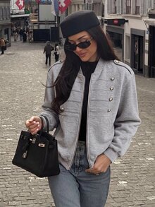 SHEIN American Retro Button Decor Grey Sweatshirt Fabric Baseball Collar Zip-Up Casual Short Jacket - Grey - View 4