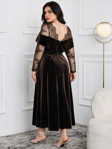 Modelyn Plus Size Elegant Party Lace Patchwork Dress - Coffee Brown - View 2
