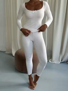 Livesso Autumn/Winter Brushed Knit Lace Trim Square Neck Slim Fit Women's Pajama Set - White - View 6