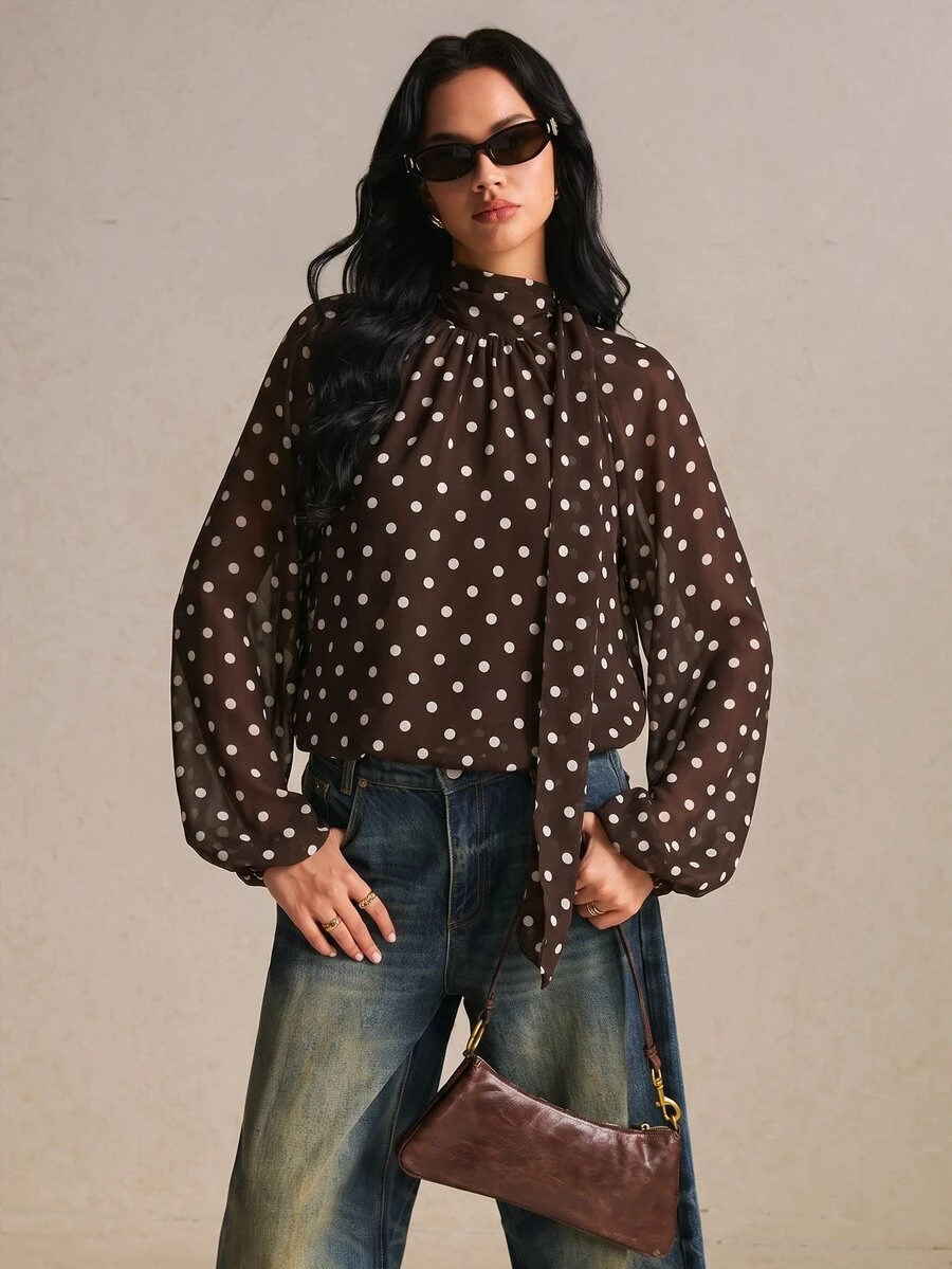 Poéselle Women's Polka Dot Pattern Stand Collar Lantern Sleeve Elegant Blouse - Brown - View 1