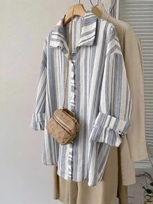 SHEIN LUNE 大尺碼極簡條紋單排扣休閒襯衫 - 彩色 - 查看 1