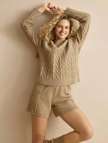 MOTF PREMIUM WOMEN'S 2-PIECES SET AUTUMN/WINTER SOLID COLOR DROP SHOULDER LOOSE CABLE KNIT SWEATER AND KNIT SHORTS - Khaki - View 8