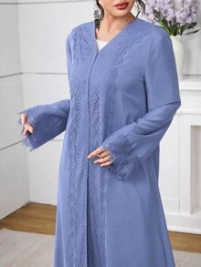 Al Najma 女款長版寬鬆休閒日常蕾絲飾邊黑色晨袍 - 霧霾藍 - 查看 1