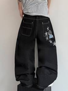 STEELVANCE Celana Jeans Denim Kasual Gaya Jalanan Vintage, Serbaguna, dengan Desain Lusuh, Dicuci, Bordir Rivet, Jahitan Kontras, Potongan Longgar, Lurus, dan Lebar (Sabuk Tidak Termasuk) - Hitam - View 6