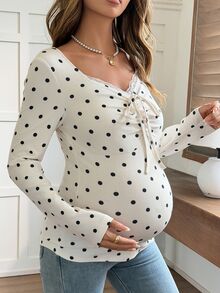 Dazy Maternity Polka Dot Elastic Top With Ruched Tie-Up Patchwork Long Sleeve Casual Vacation Korean Style Spring Autumn Maternity T-Shirt - White - View 3