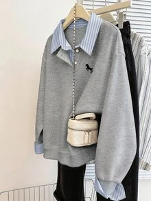 EMERY ROSE Minimalist Patchwork Striped Design Casual Everyday Versatile Plus Size Women's Sweatshirt - Multicolor - View 1