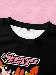 THE POWERPUFF GIRLS X SHEIN كنزة رياضية كاجوال يومية للنساء بمقاسات كبيرة، بياقة طاقم وطباعة حروف كرتونية، للخريف - أبيض - مشاهدة 3