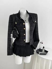 Elamini European And American Fashion Autumn/Winter Tweed Women's Overcoat - Black - View 3