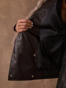 SHEIN BAE Women's Loose Short Faux Leather Motorcycle Jacket With Fur Collar, Faux Fur Lining, Thickened - Black - View 8