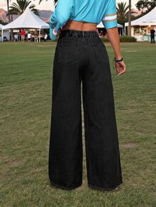 SHEIN PETITE Women's High Waist Pocket Wide Leg Loose Casual Versatile Denim Jeans Fall - Black - View 2