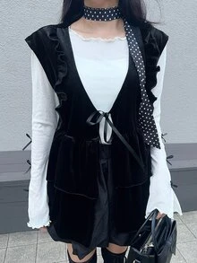 FRIFUL Women's Solid Color Front Tie Patchwork Ruffle Casual Elegant Tank Top Brunch Black Summer Fall - Black - View 7