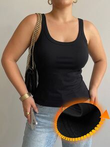 Dazy Plus Plus Size Women Solid Color Thermal Lined Thick Slim Fit All-Match Versatile Black Tank Top - Black - View 1