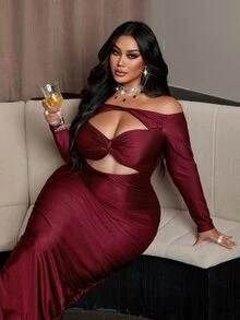 NU&NOW Plus Size Fashion Sexy Off-Shoulder Twisted Hollow Out Fitted Dress - Burgundy - View 4