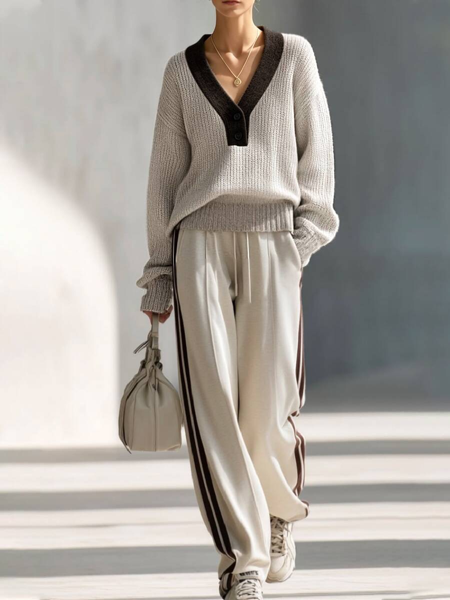 LUMIGAL Women's Vintage Fashion Button Long Sleeve Colorblock Sweater