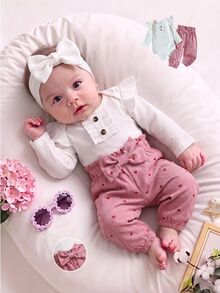 SHEIN Vintaside Kids 2件組 粉色女嬰甜心蝴蝶結紙袋腰傘狀袖連身衣褲套裝 秋季 - 粉色 - 查看 1