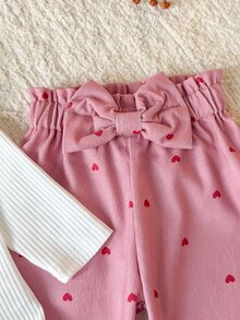 SHEIN Vintaside Kids 2件組 粉色女嬰甜心蝴蝶結紙袋腰傘狀袖連身衣褲套裝 秋季 - 粉色 - 查看 8